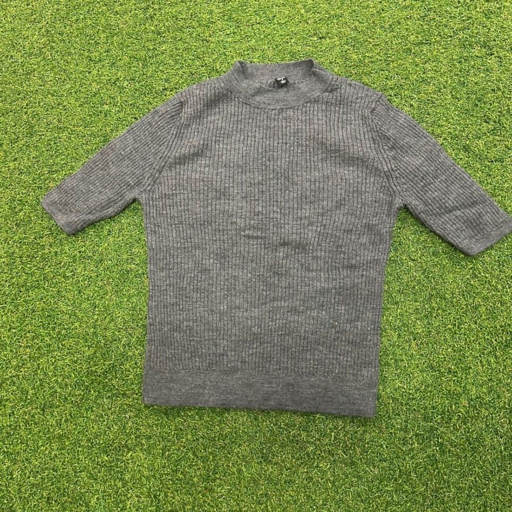 Uniqlo Ribbed Mock Neck Sweater Charcoal Gray Elbow Sleeve Knit Top Medium
